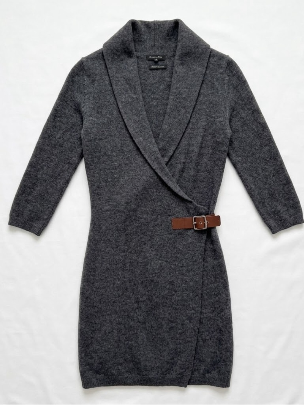 Massimo Dutti Charcoal Gray Wrap Knit Dress with Brown Belt